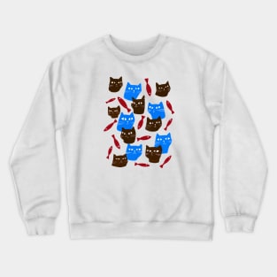 Blue and brown cats with red fish Crewneck Sweatshirt